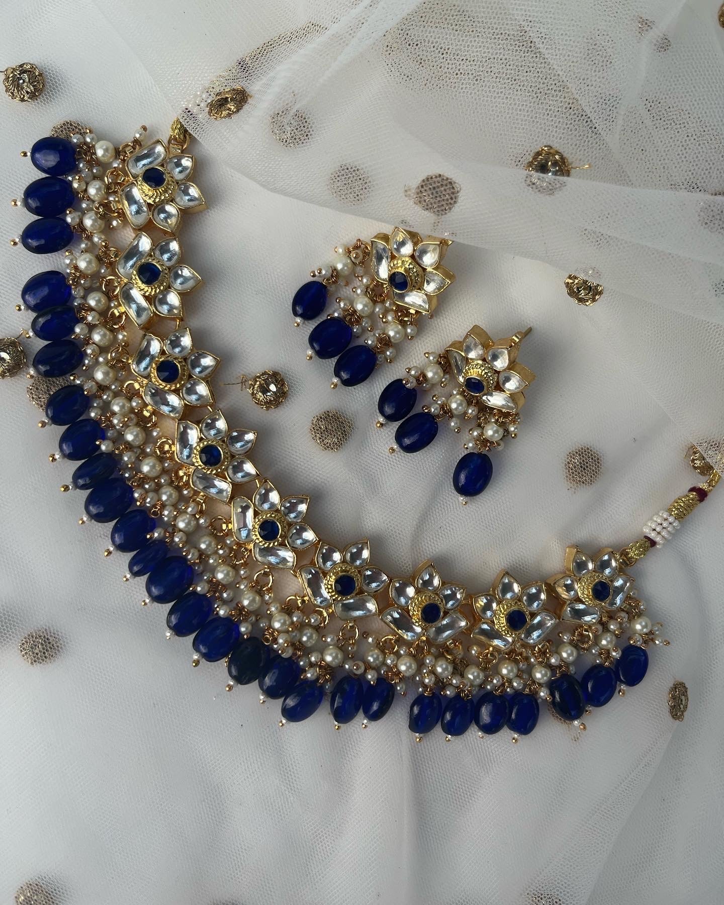Gold plated pachi kundan necklace with earrings set (flower)