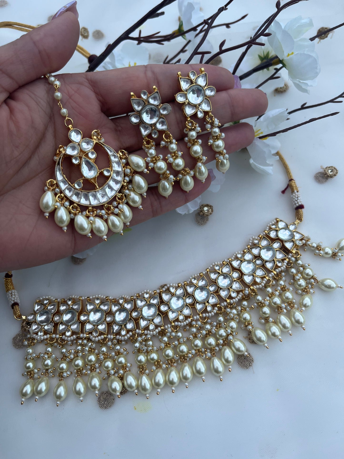 Gold Plated pachi kundan set (necklace with earrings with tikka)